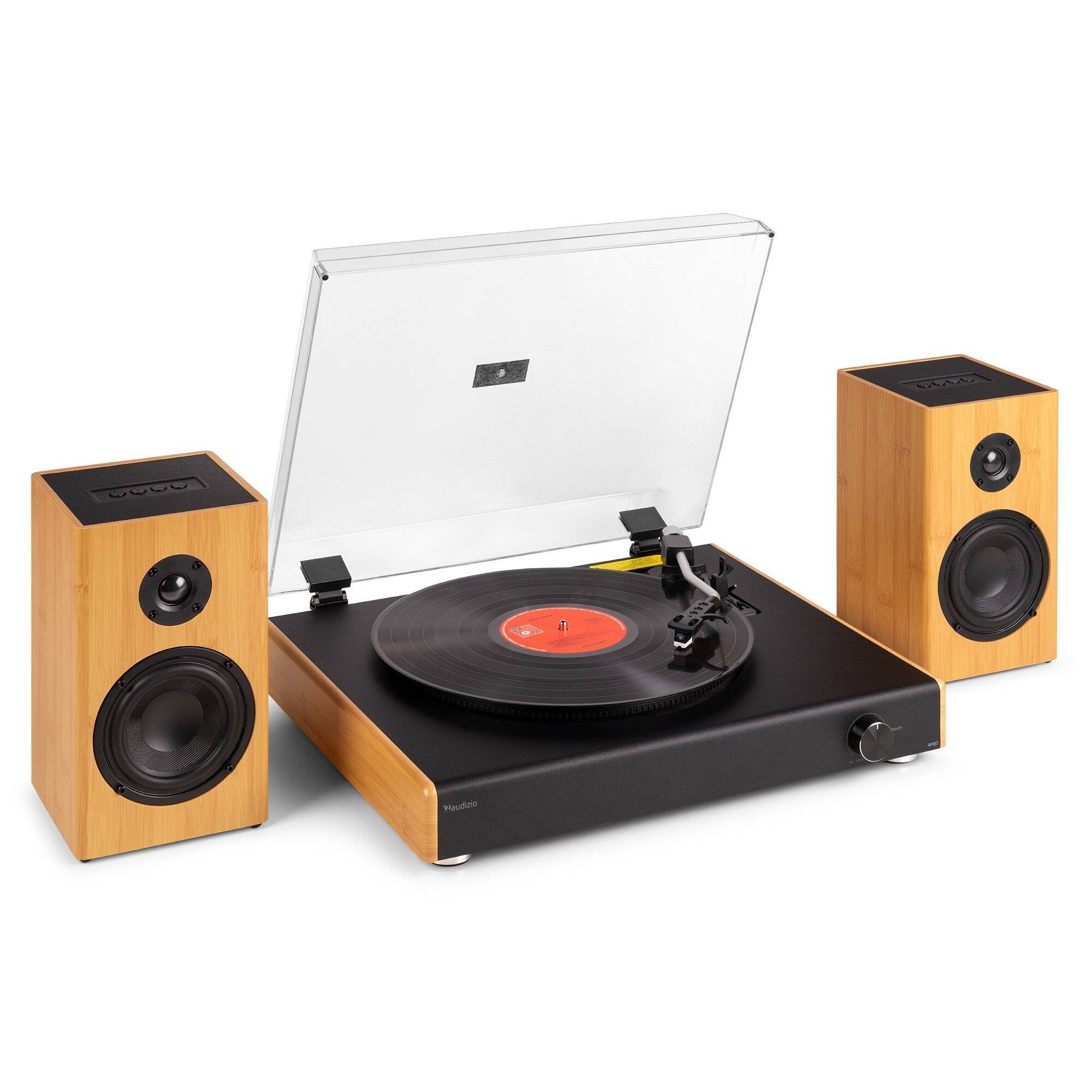 Audizio RP337BB Vintage Skivspelare med Trådlösa BT-högtalare – Bambu, Retroinspirerad skivspelare med två trådlösa Bluetooth-högtalare och kraftfullt stereoljud
