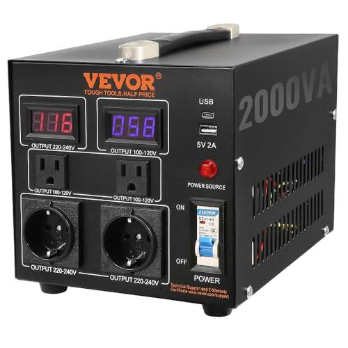 VEVOR 2 000 W spänningsomvandlare, transformator, AC 110 V220 V, transformeromvandlare, 2 x US NEMA 5–15 R 3-polig/2 x standardeuropeiska Shucko-uttagsuttag, 1 x 5 V USB-port, 1 x typ C-uttag