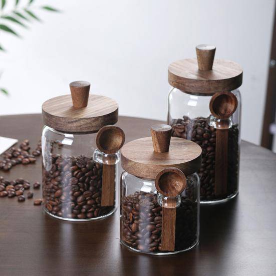 Glas Lufttät Behållare Förseglad Burk med Träsked Transparent Matförvaringsburk för Kryddor Kaffebönor Köksförrådsartiklar