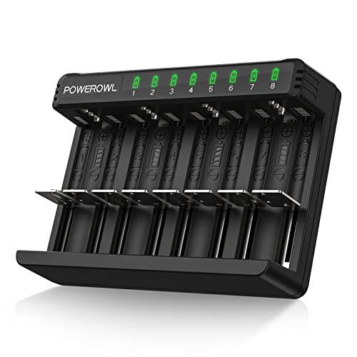 POWEROWL Universal batteriladdare för AA/AAA/C/D uppladdningsbara batterier, typ C och Micro USB-port, 8 oberoende kortplatser