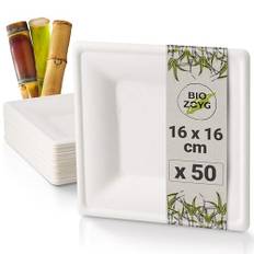 BIOZOYG Engångstallrikar 50 stycken, vita fyrkantiga – sockerrörstallrikar 16 x 16 cm – alternativ till papperstallrikar och plasttallrikar – stabila engångsporslin, perfekt som festservis