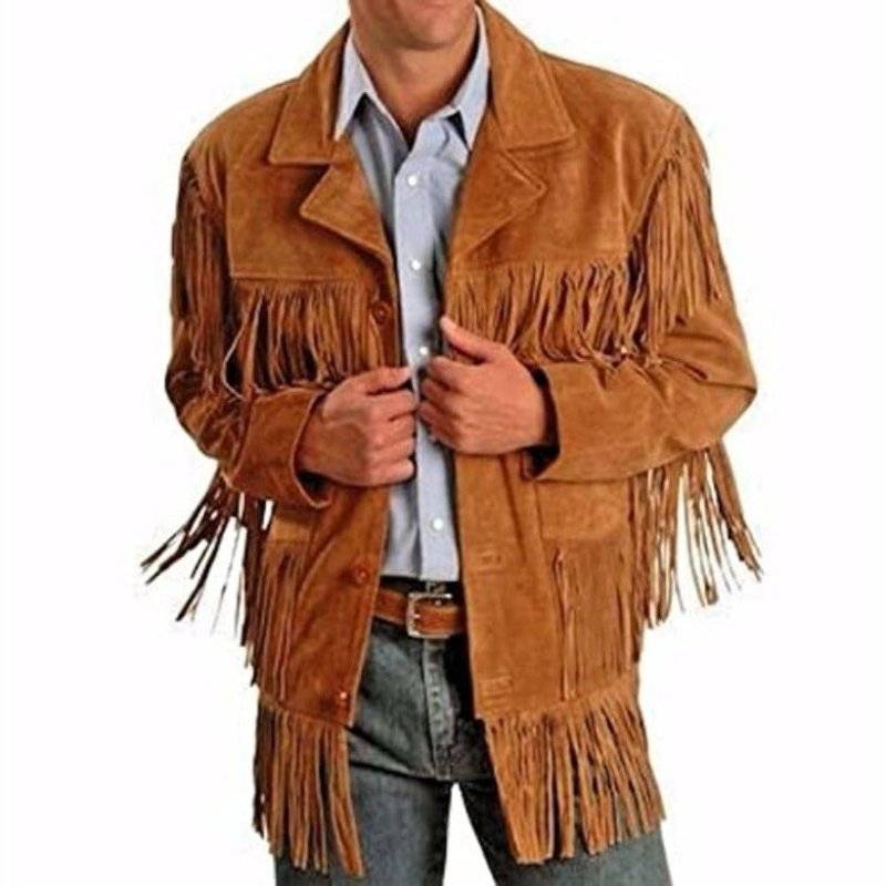 MENS COWBOY WESTERN SUEDE LEATHER JACKET WITH BONES BEADS FRINGES- BIKERS STYLE MENS CLASSIC FASHION. - Light Brown / 4x- Large (4x- Large)