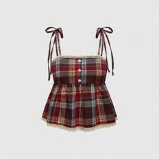 Casual Vintage Button-Down Pläd Front Cross Cross Spets Trim Dam Linne - Multifärgad (L,M,S,XS)