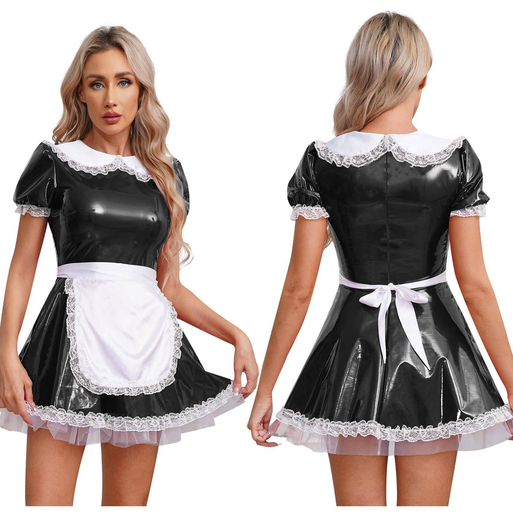 Kvinnliga tjänare Cosplay Fransk piga kostym Latex A-line miniklänning Karneval Temafest Utklädningsdräkt med förkläde cm brown