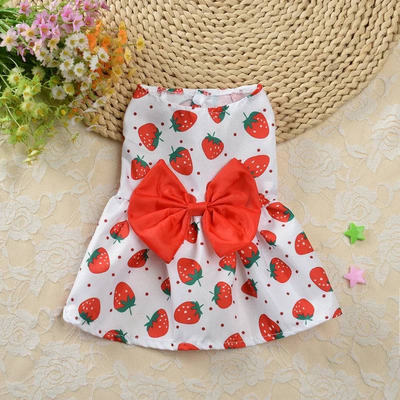 Fruit & Floral Print Bow Dress for Cats & Small Dogs - Red Strawberry / M-suit 2.5-3.5kg / SPC (M-suit 2.5-3.5kg)