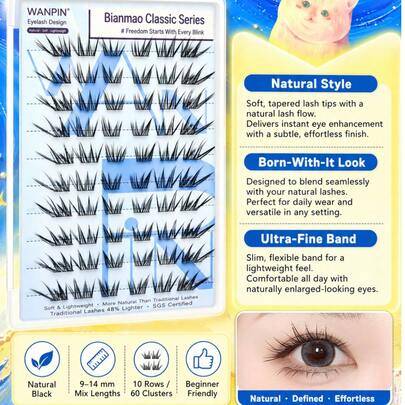 Flat Lash Classic Series Cat Eye segmenterade övre lösögonfransar, naturligt svarta och lätta, 9–14 mm längd, C-curl, passar ögonlocken, klar naturlig
