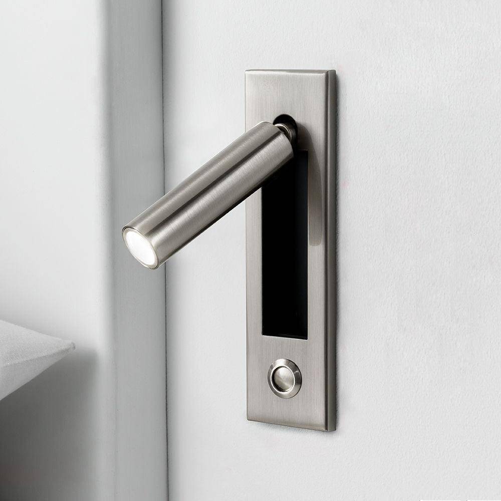 Inbyggd Ljus – Minimalistisk Sängside Vägglampa LED - Nickel / Varmvit / Dia 5cm x H 17.8cm cylinder (Tryckknapp)