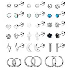JeweBella 18 par små örhängen set för kvinnor kirurgiskt stål platt baksida örhängen set broskringar örhängen allergivänliga pärla kubisk zirkon månsten piercing örhängen för kvinnor män, Kirurgiskt