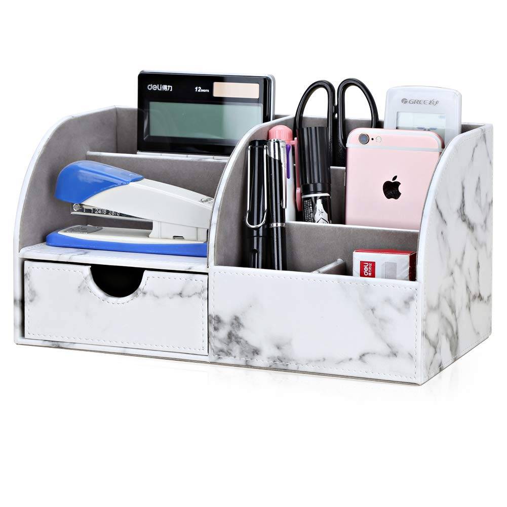 KINGFOM PU Leather Desk Storage Box/Case, Desktop Organizer with Drawers for Pen and Pencils, Stationery Storage, Remote Controls, Small Items, and Mi