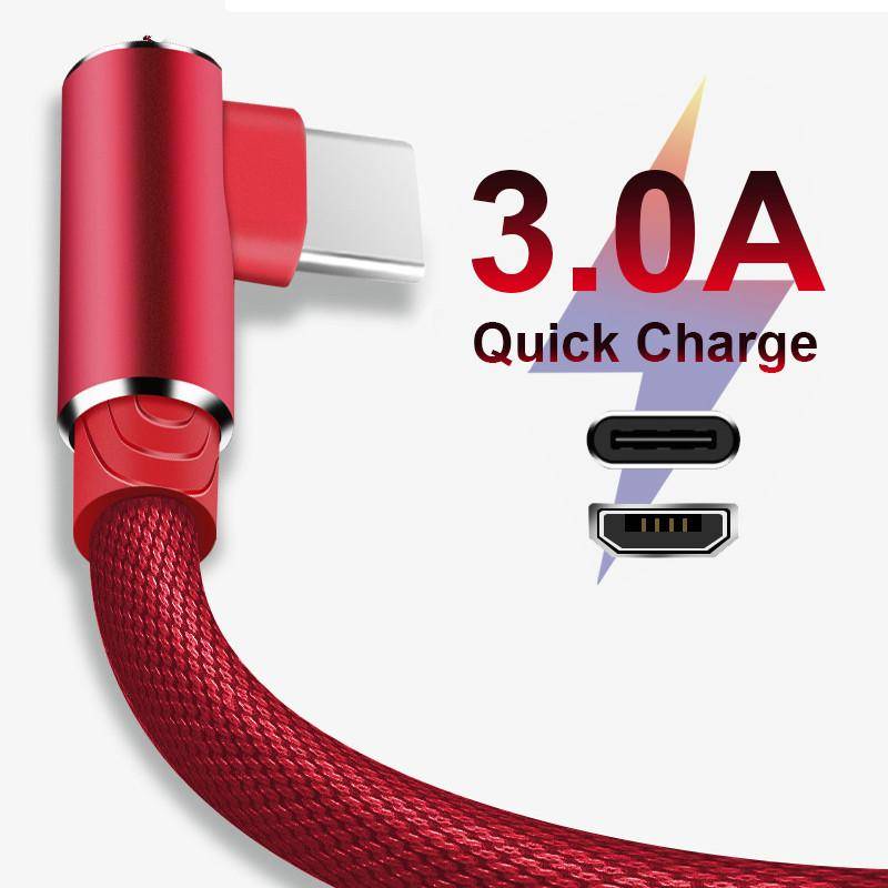 1/2/3m 90 Graders Snabbladdning Datatyp C Micro USB C-kabel För Samsung Huawei Xiaomi Oneplus OPPO Typ-c Laddare Lång Mobiltelefon Trådkabel svart