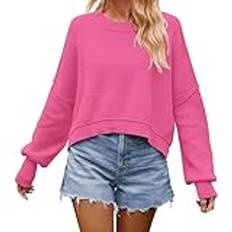 Söt ny stickad jultröja kvinnor rea utförsäljning kvinnor enfärgad mode avslappnad rund hals stickad lös pullover tröja lätt pullover tröjor för kvinnor, Rosa (Hot Pink), S