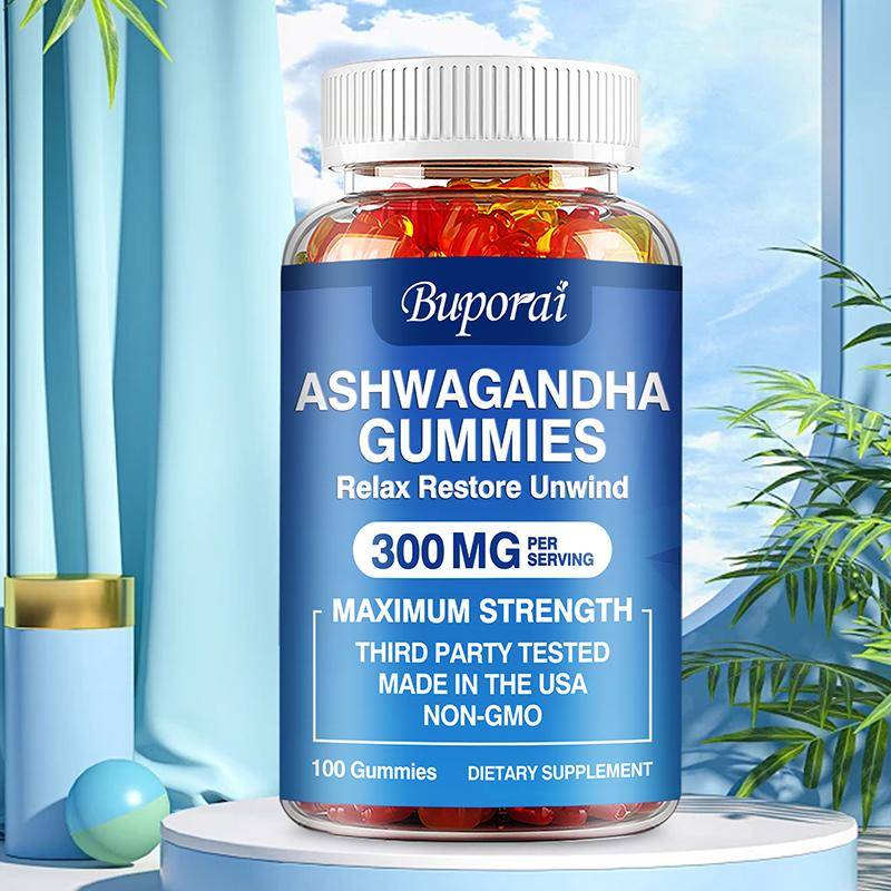 Ashwagandha-gummies, innehållande vitamin D-extrakt, ett kosttillskott, 300 mg per portion, lämpligt för både män och kvinnor.