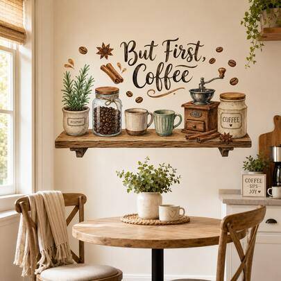 Men först kaffe, väggdekal för kök, vintage kaffekvarn, kaffebönor, muggar, rosmarin & kanel, avtagbar självhäftande rustik kaffebar väggkonst för kök