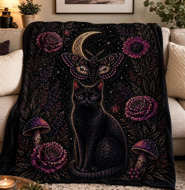 Svart Katt Månefilt, Gotisk Blommig Pläd Mörk Akademia Dekoration Häxig Katt Present Himmelsk Mal Pläd, Mysig Plyschpläd