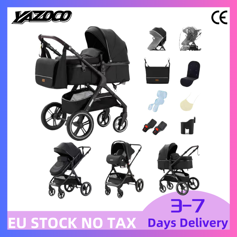 Full 3-in-1 combo stroller package including baby carrycot, sport buggy seat and infant car seat. Built with solid rubber tires, it also includes complimentary changing bag and rain cover.