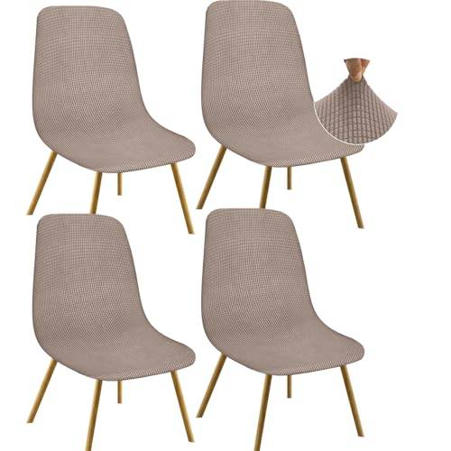 Granbest jacquard förtjockat elastiskt matstolsöverdrag, låg rygg stolsöverdrag för hotell, bankett, bröllop, festdekoration (set om 4, kassetmönster sandfärg)