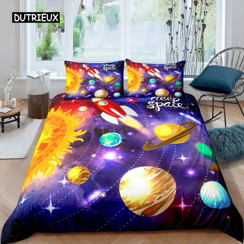 Sol System Täcke Set Twin King Mikrofiber Yttre Rymden Galax Sängkläder Set Universum Planet Astronomi King Size Täcke EU Double(200x200cm)