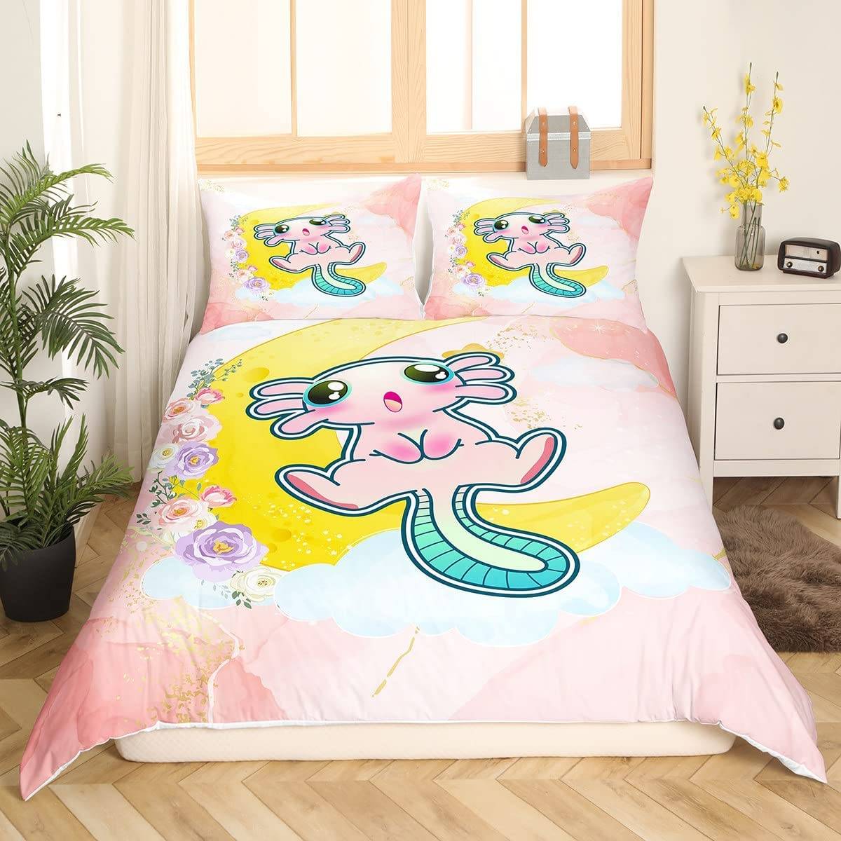 Sött Axolotl Sängklädesset För Pojkar Flickor Kawaii Reptiler Djur Täcke Örngott Tvilling King Size Havsliv Axolotl Påslakan US King(264x228cm)