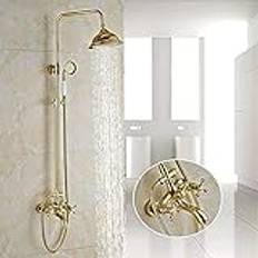 Guld Badrum Dusch Kran Set Väggfäste Mässing 8 Inch Regn Duschmunstycke Keramik Duschhuvud Vridbart badkar Pip Blandare