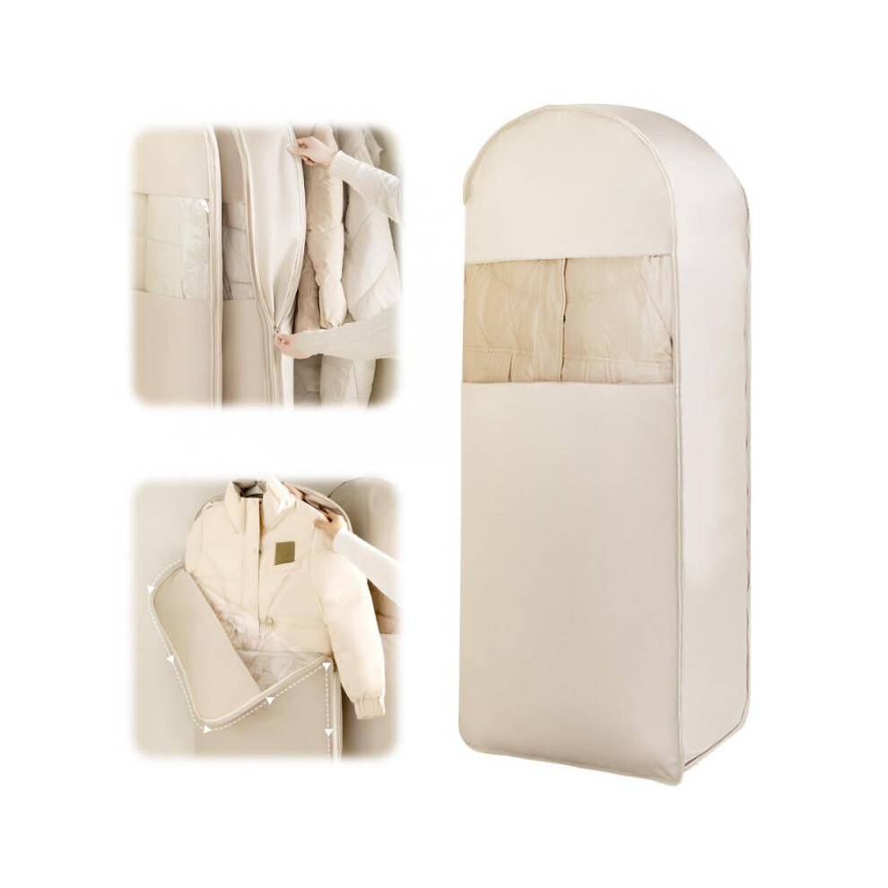 Garment Bag for Hanging with Self-Compressing Zipper for Down Jacket, Long Suit Bag, Beige 1 Piece