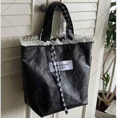 Back To School Korean Style Checkered Canvas Tote Bag, Large Capacity Student Shoulder Bag With Frill, Women Handbag - Black