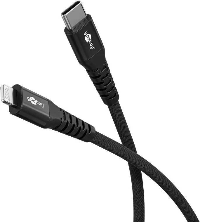 Goobay Lightning USB-C superblødt tekstilkabel med metalstik, 2 m, sort.