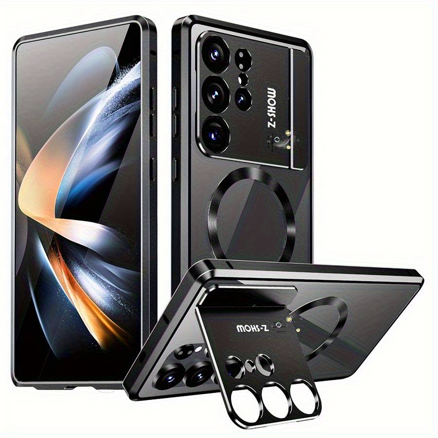 TEMU Creative Dual-sided Hd Glass Magnetic Full-body Protective Case With Lock Design For S25 Ultra, S25+ Metal Stand For Desktop Meetings And Video Calls, Unisex Phone Case