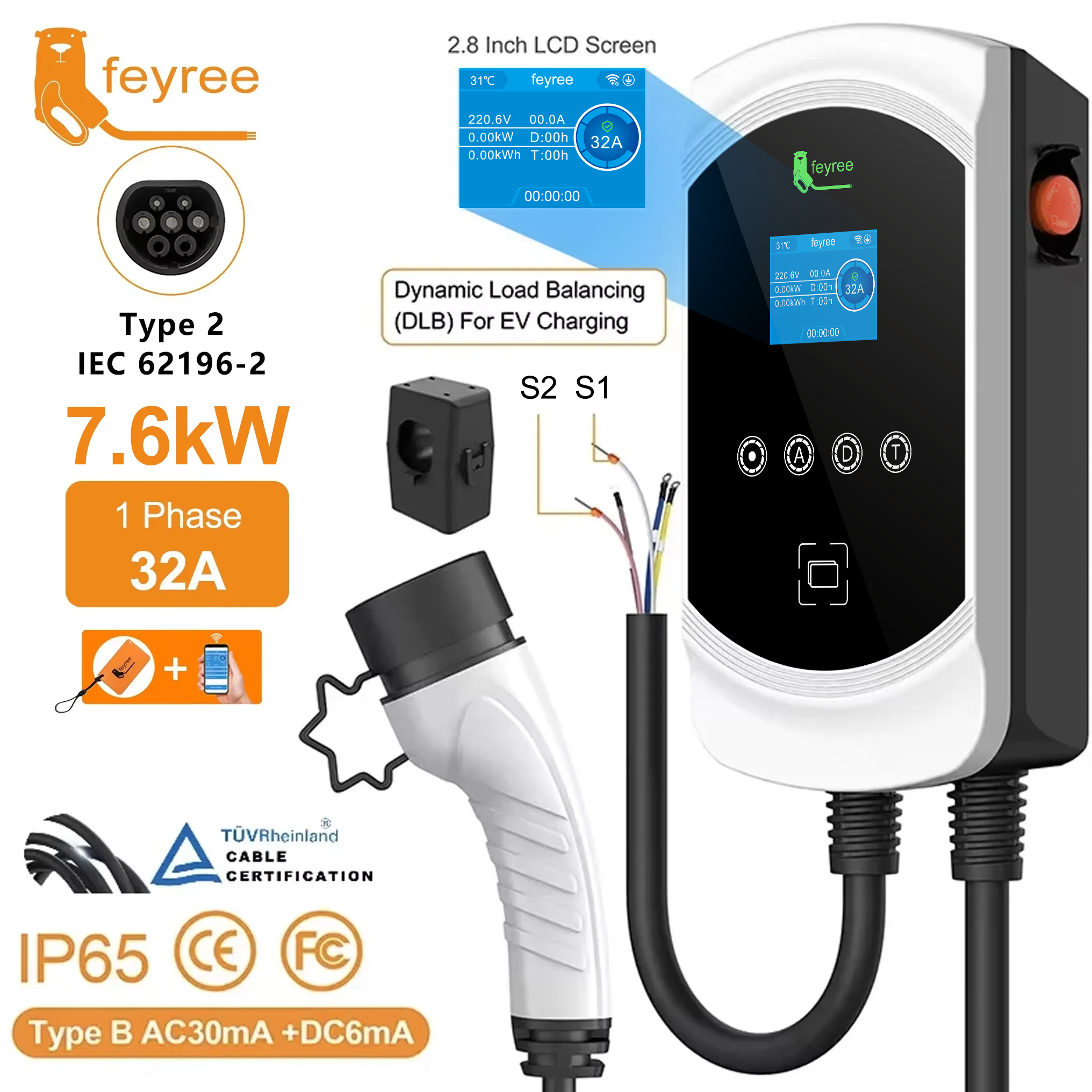 feyree EV Charger Type2 Cable 32A 7.6kW Dynamic Load Blancing EVSE Wallbox APP Function 11kW 22kW Charging Station Electric Car