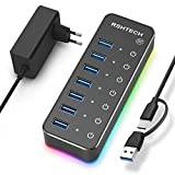 RSHTECH USB-hub aktiv 3.0 med strömförsörjning, 7-port RGB USB 3.0 hub aluminium, 14 RGB belysningslägen, 20 W 5 V/4 A strömförsörjning, taktila brytare och datakabel (typ A/C lysande gaming