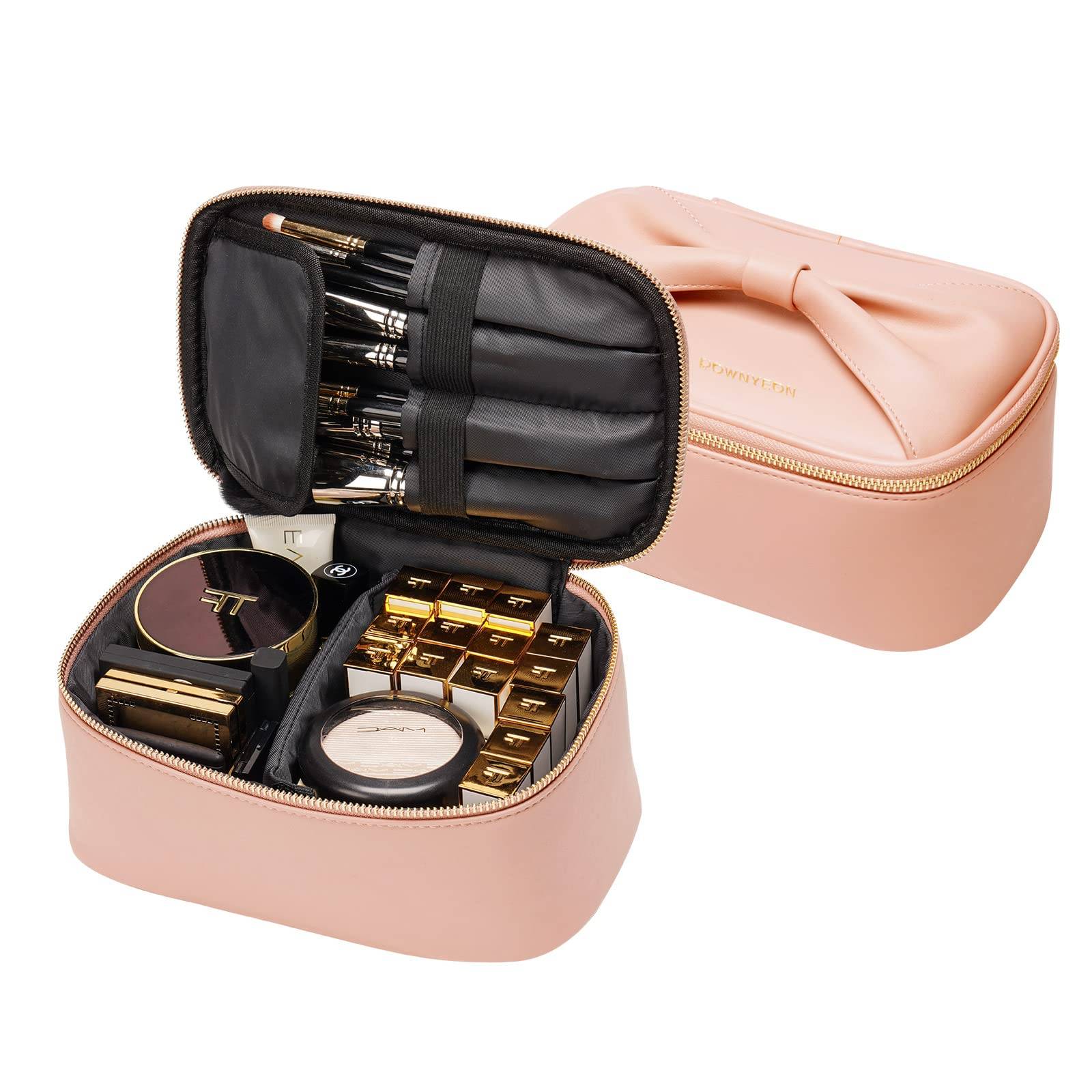 Rownyeon Vanity Large Cute Makeup Pouch with Brush Functional Ribbon Portable Cosmetic Case with Mini Makeup Travel Makeup Korean Rose Dust Design