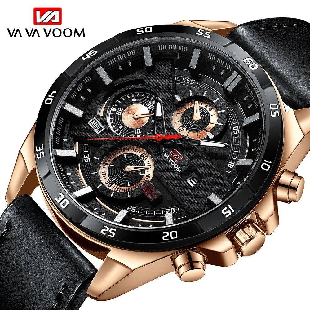 VA VA VOOM Quartz Watches Herr Sportklocka Herrbälte Business Calendar Vattentät Klocka Casual Quartz Watch Armbandsur Klocka brun/vitguld färg