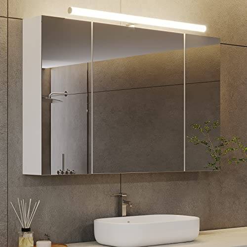 DICTAC Spiegelschrank Bad mit Beleuchtung,Steckdose und Lichtschalter 90x16x60cm(BxTxH) Badschrank mit Spiegel Badezimmer Spiegelschrank mit 3 Türen und Glasablage Hängeschrank,badspiegel,Weiß