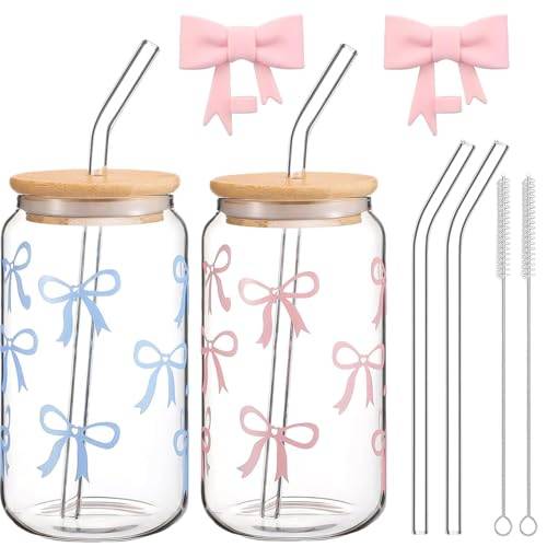 Exquilnova 2 st 500 ml glasdrycksbehållare med lock och sugrör, glasbehållare med rosa sladd med 2 glas sugrör, matchaglas för kaffe, cocktail, smoothie, Clean Girl Aesthetic Stuff