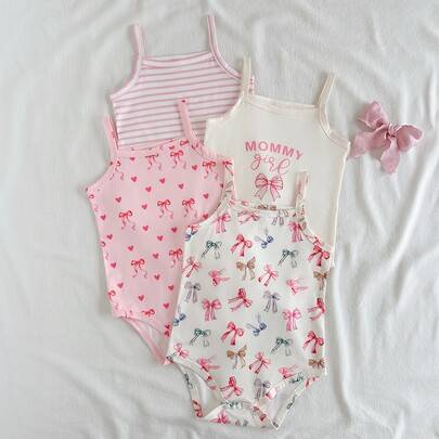 4-pack bodysuits för babyflickor, söta och söta, rosa och vita, med rosett, hjärta, ränder och bokstäver, ärmlösa, fyrkantig hals, lätta, för semester - Multifärgad (6-9M,9-12M,12-18M,18-24M,1-3M,3-6M)