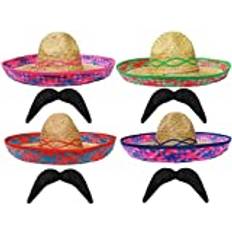 Mexikansk sombrero och tash kostymset – paket med 6 – grön sombrero halmhatt och svart mexikansk mustasch – Mexikansk fest maskeraddräkt tillbehör set