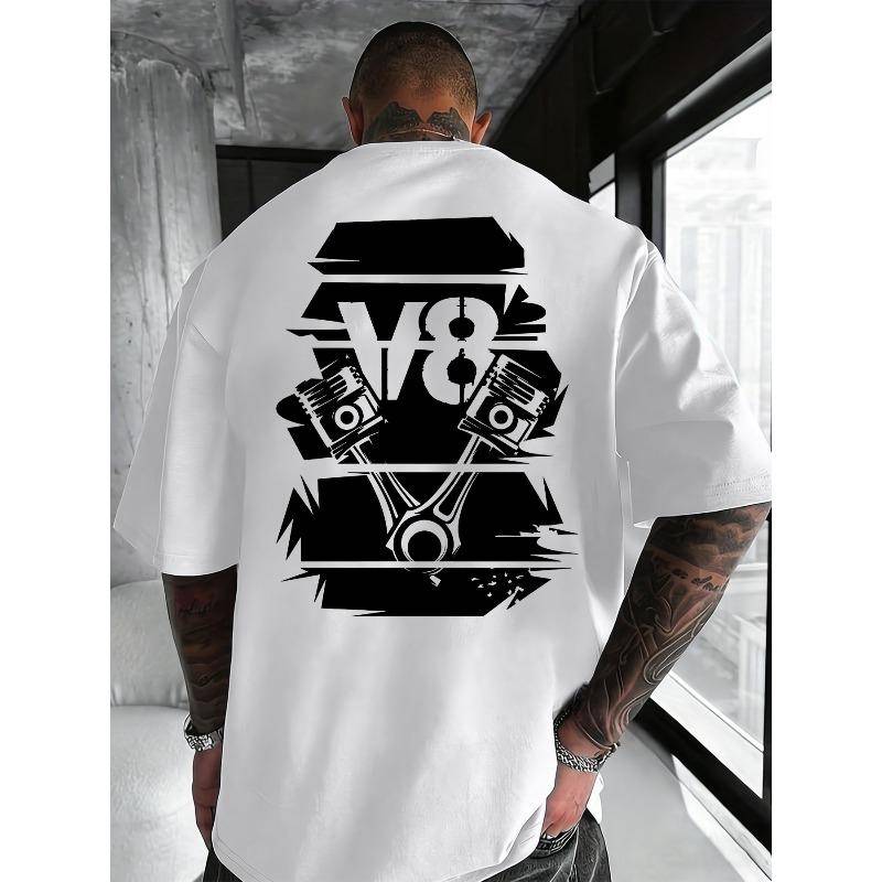 Herrs Ny Bomull Kortärmad T-shirt med V8 Motor Tryck, Trendig och Mode Medveten Rund Hals Kortärmad, Vardaglig och Bekväm cm svart