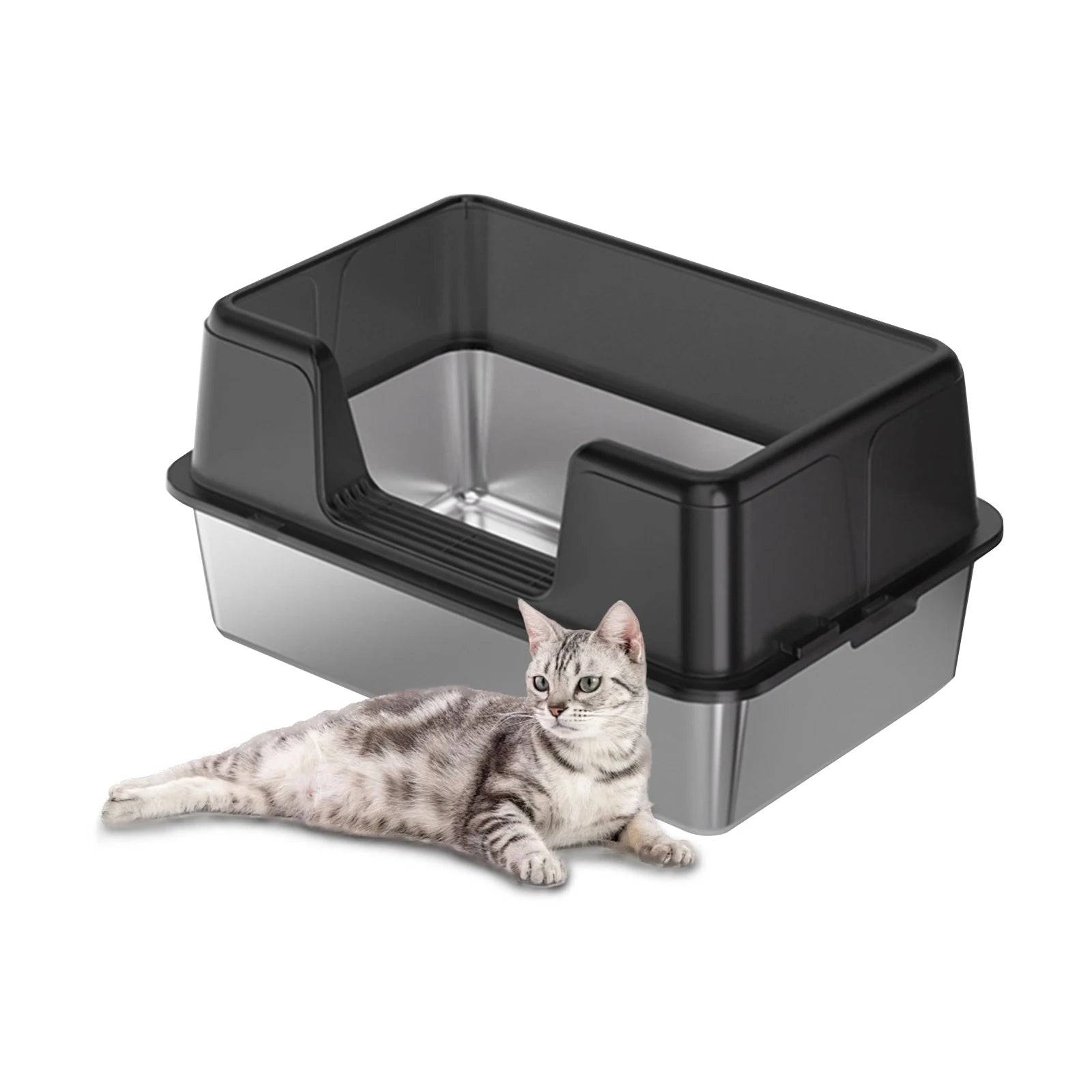 Stainless Steel Semi-Enclosed Cat Litter Box | High Sides | Anti-Splash | 3 Sizes - 60x40x36.5cm / black / United Kingdom (60x40x36.5cm)