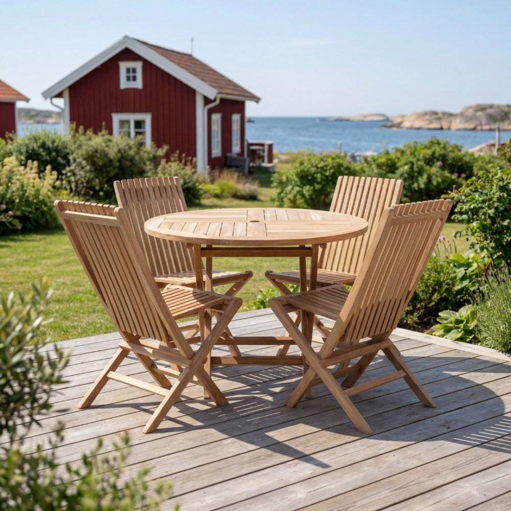 Runt utebord i premiumteak | 4 stolar |Lyfco Smögen