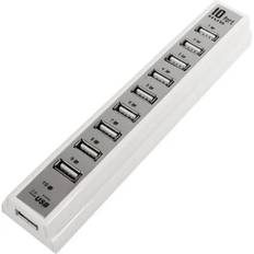 10-Ports USB 2.0 Hi-Speed Hub. Inkl strømforsyning. Hvid