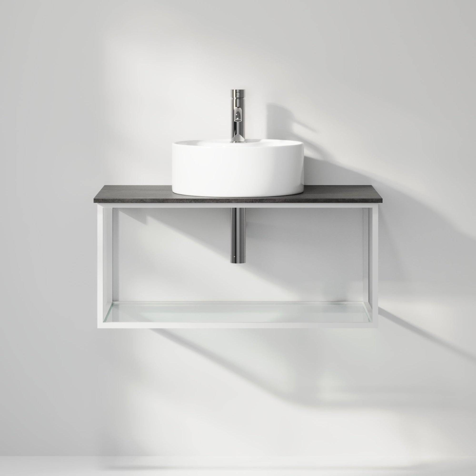 Badrumsmöbel med öppen metallram och botten i härdat glas - 80x46x50 cm - matt vit - vit fristående Porslin tvättställ - Bänkskiva i betonglook - Stenstorp