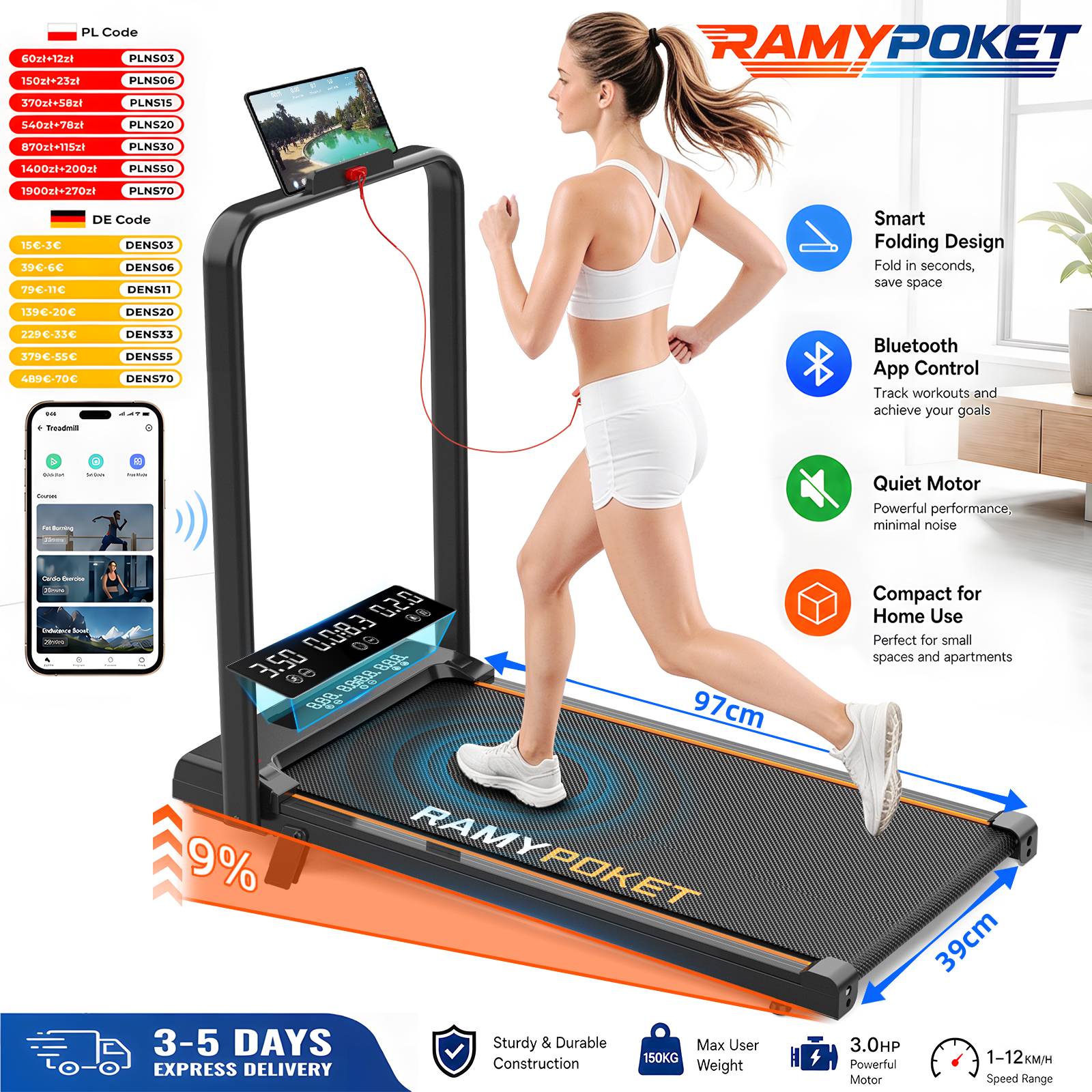 RAMYPOKET Walking Pad Foldable With Incline 9% , 2.5HP 1-10km/h Walking Pad With APP&LED, Max 150kg Treadmill For Home & Office