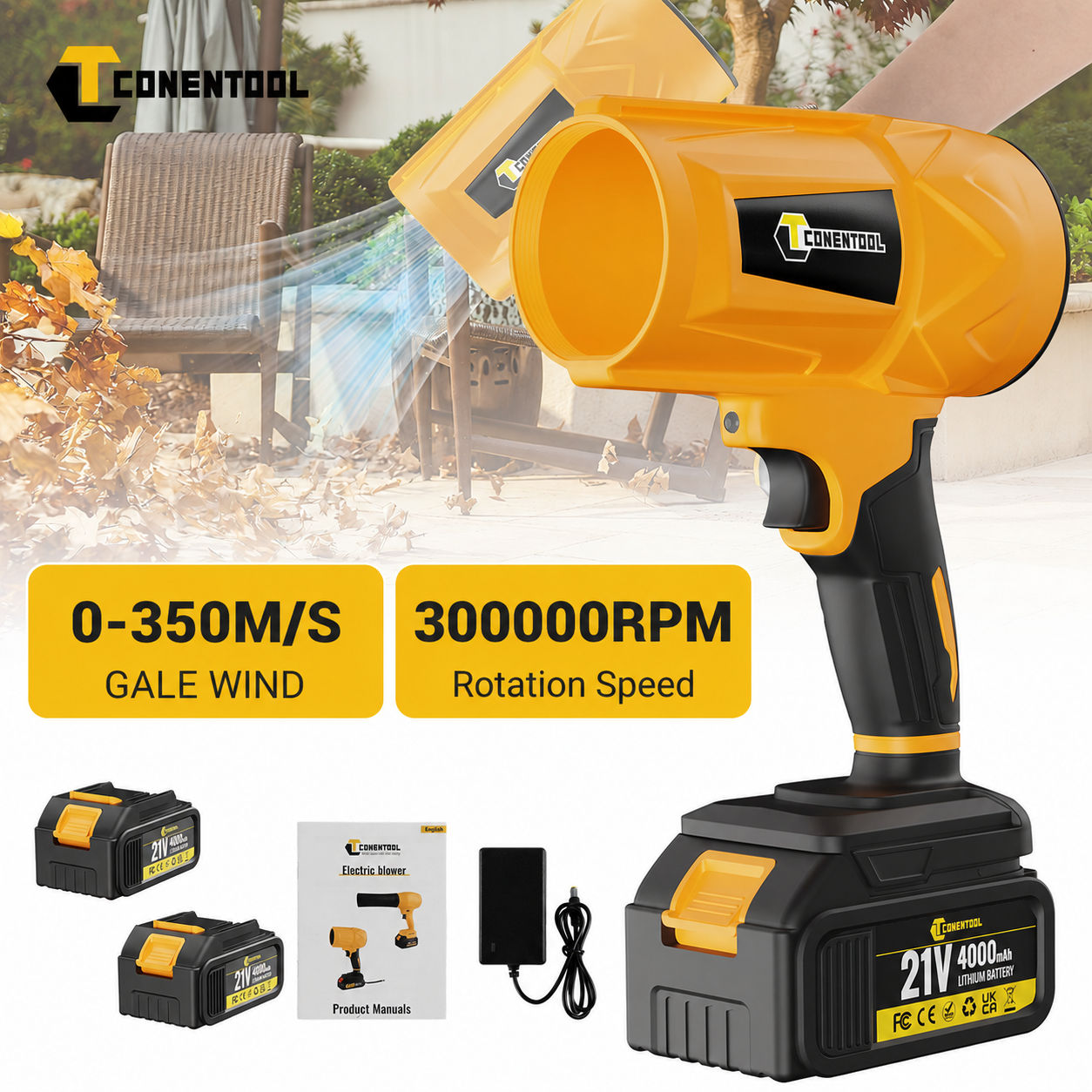 CONENTOOL 3000W Cordless Leaf Blower 21V Electric Air Blower with 2x4000mAh Lithium Batteries 300000RPM High Speed 350m/s Strong Wind Stepless Speed Lightweight Handheld Garden Yard Garage Patio