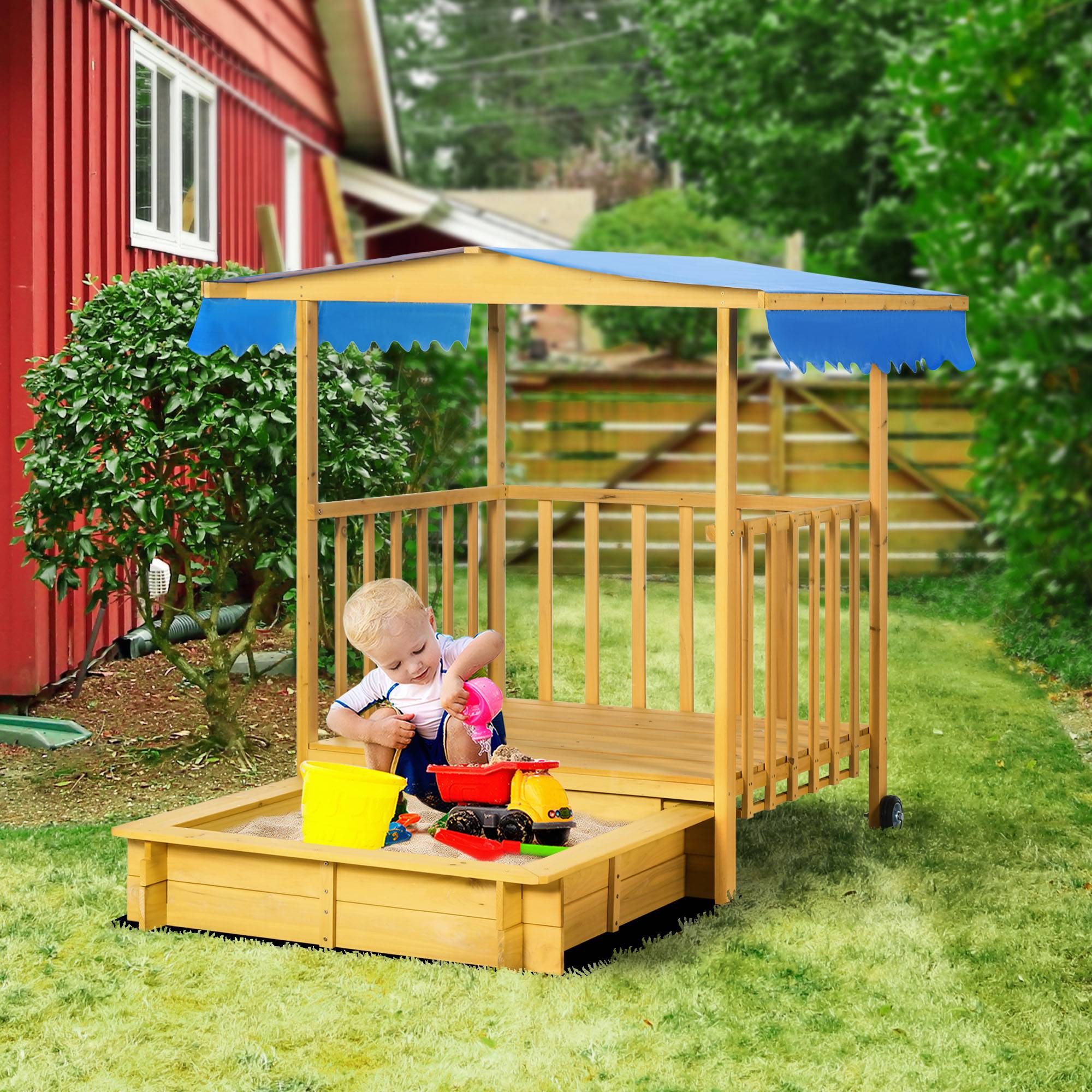 Sandkasse uden bund, højdejusterbar, 107,5 x 107,5 x 110 cm, sandkasse med tag, sandkasse med låg, naturlig
