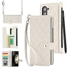 för Samsung Galaxy Z Fold 5 Fold 4 Z Fold 3 Fodral Kortplats Telefonhållare Läderplånboksrem Skydd Crossbody Fodral, Vit, för Z Fold 3