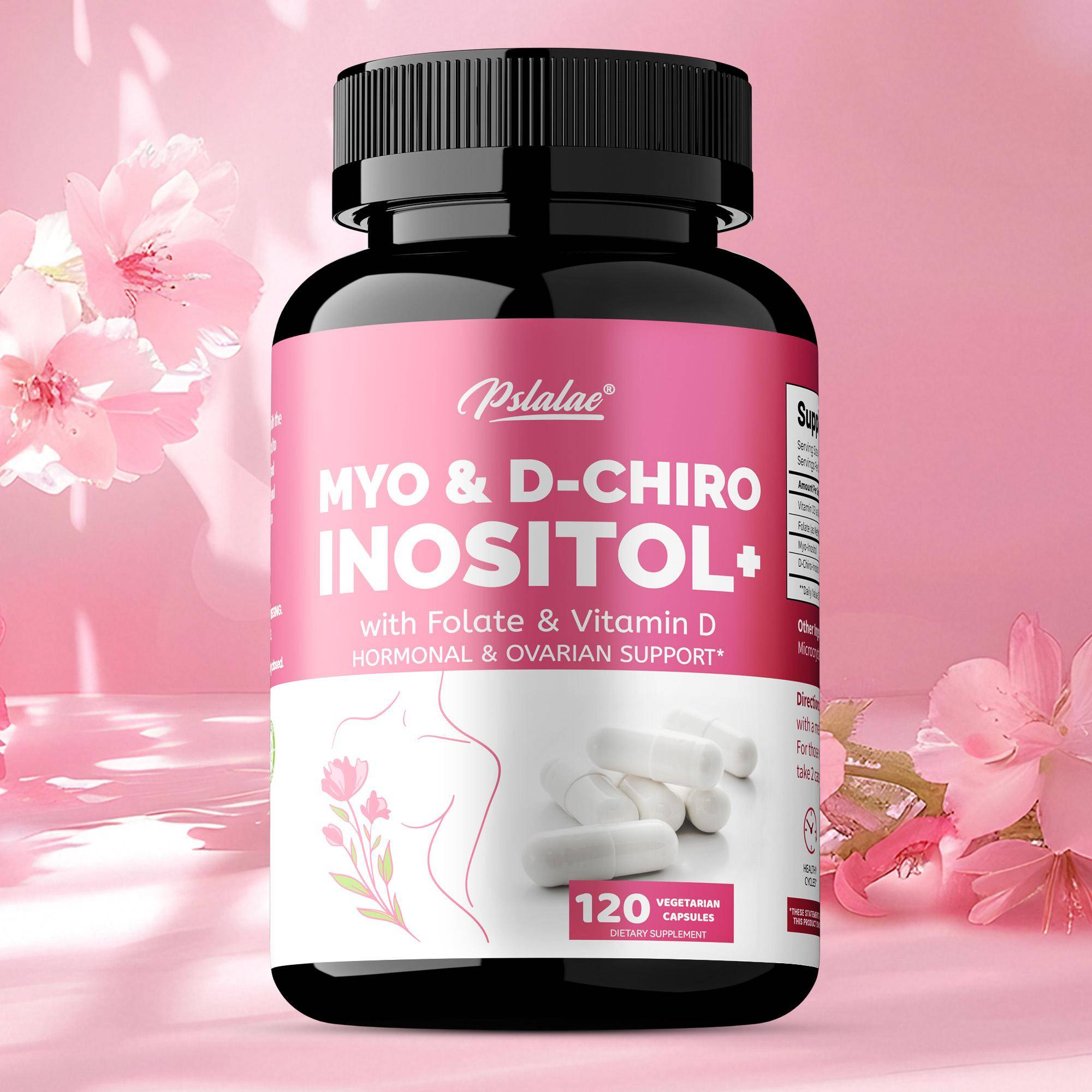 Pslaloe Inositolkomplex Kapslar, innehållande MYO och D-Chiro inositol, kombinerat med folsyra och vitamin D3, för att stödja dagligt välbefinnande.