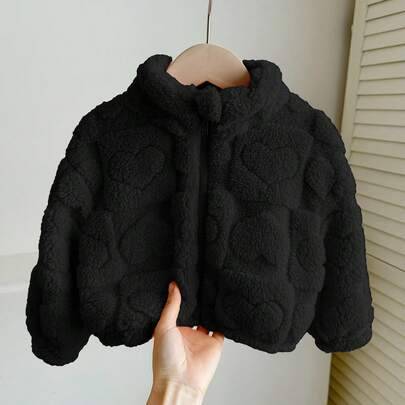 LMoss söt och avslappnad pälsjacka med ståkrage och hjärtmönster för babyflicka, perfekt för höst och vinter - Svart (6-9M,9-12M,12-18M,18-24M,2-3Y,3-6M)