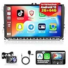 2 + 64G podofo bilradio för VW Seat Skoda med A-pple Carplay Android Auto, Android 13 pekskärm med Bluetooth GPS-navigering WiFi Hifi USB FM RDS EQ Radio Mic+CANBUS+Omvänd kamera