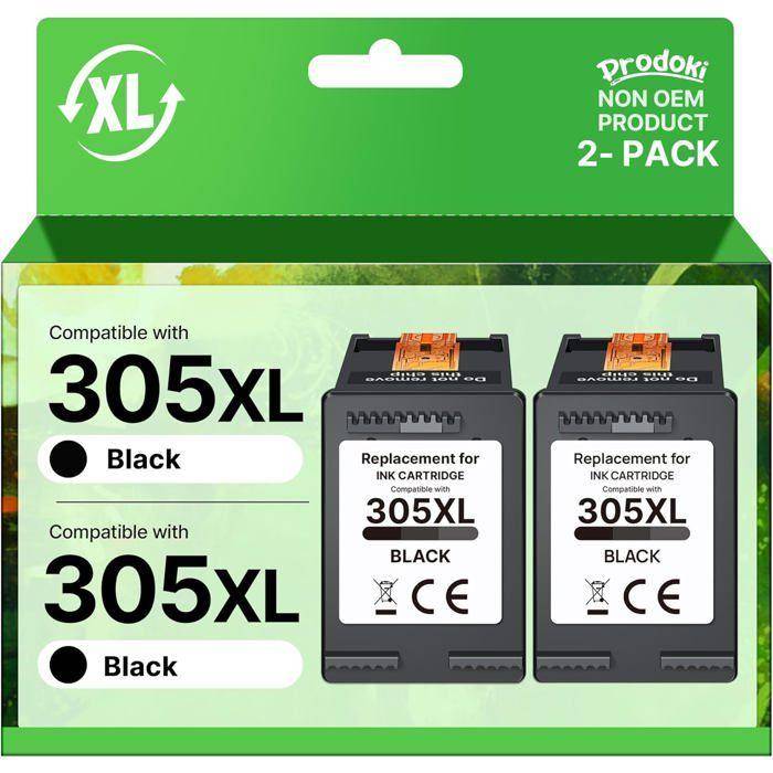 Cartouche d'encre 305 XL - 100DRINE - Noir - Pack de 2 - Compatible HP DeskJet - 600 pages par cartouche