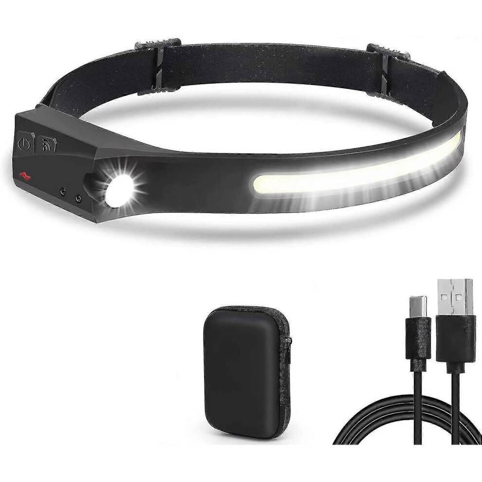 Pannlampa, superljus 350 lumen 6-läges sensorstrålkastare, USB-laddningsbar IPX6 vattentät justerbar COB-pannlampa, för