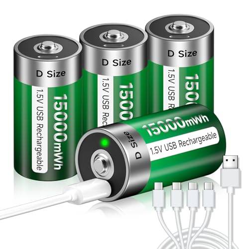 Palogreen 4 st USB D batteri uppladdningsbart litium/15 000 mWh – 1,5 V Mono D cellbatterier uppladdningsbara batterier Lr20 snabbladdning på 4 timmar med typ C laddkabel, överladdningsskydd